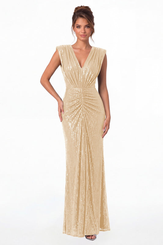 Champagne V-Neck Ruched Sequin Mermaid Maxi Gown - Front View