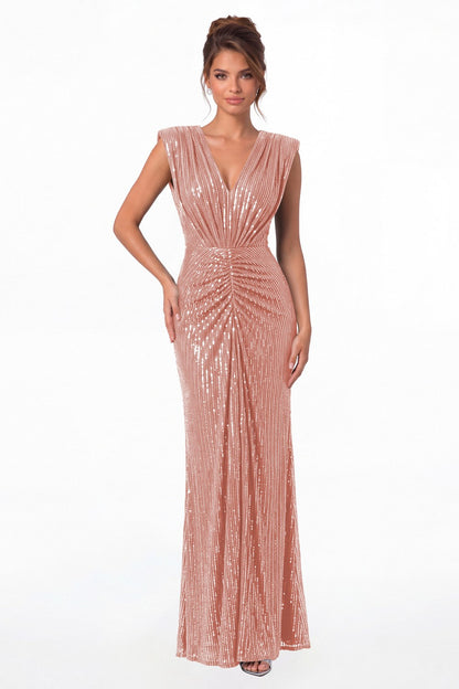 Dusty Rose V-Neck Ruched Sequin Mermaid Maxi Gown - Front View