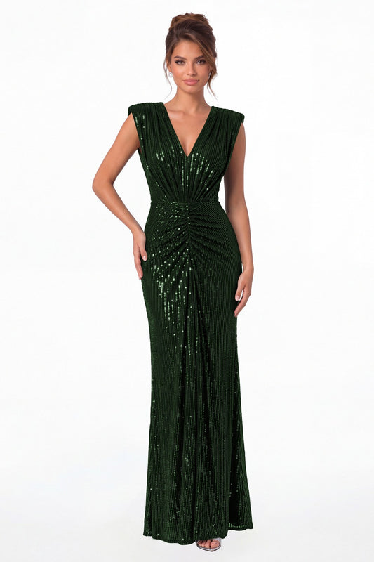 Emerald Green V-Neck Ruched Sequin Mermaid Maxi Gown - Front View