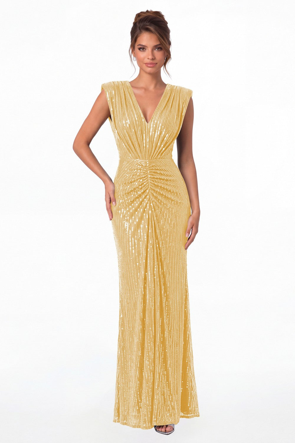 Gold V-Neck Ruched Sequin Mermaid Maxi Gown - Front View
