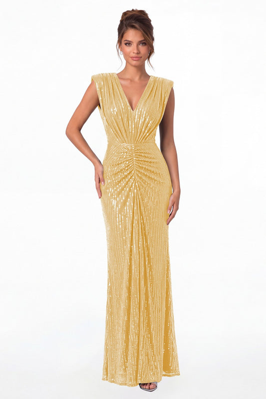 Gold V-Neck Ruched Sequin Mermaid Maxi Gown - Front View