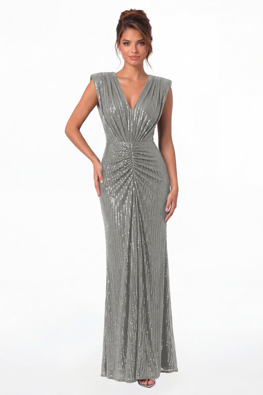Grey V-Neck Ruched Sequin Mermaid Maxi Gown - Front View