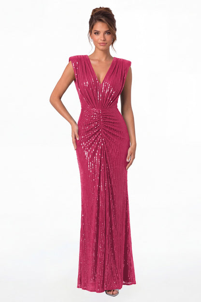 Hot Pink V-Neck Ruched Sequin Mermaid Maxi Gown - Front View