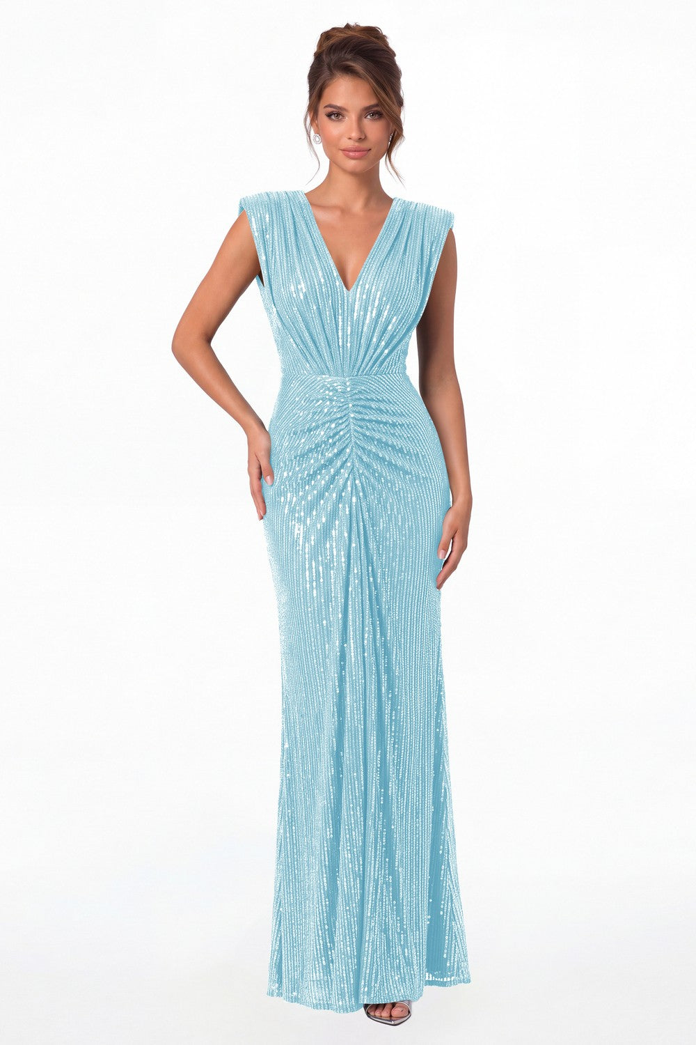 Light Blue V-Neck Ruched Sequin Mermaid Maxi Gown - Front View