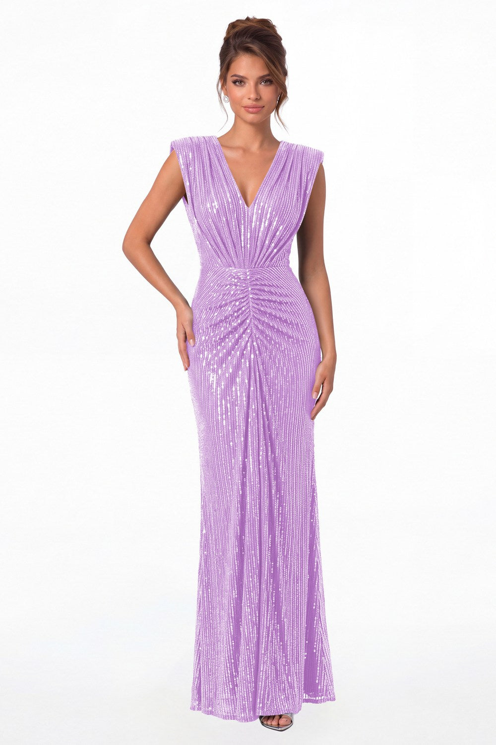 Lilac V-Neck Ruched Sequin Mermaid Maxi Gown - Front View