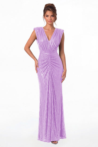 Lilac V-Neck Ruched Sequin Mermaid Maxi Gown - Front View