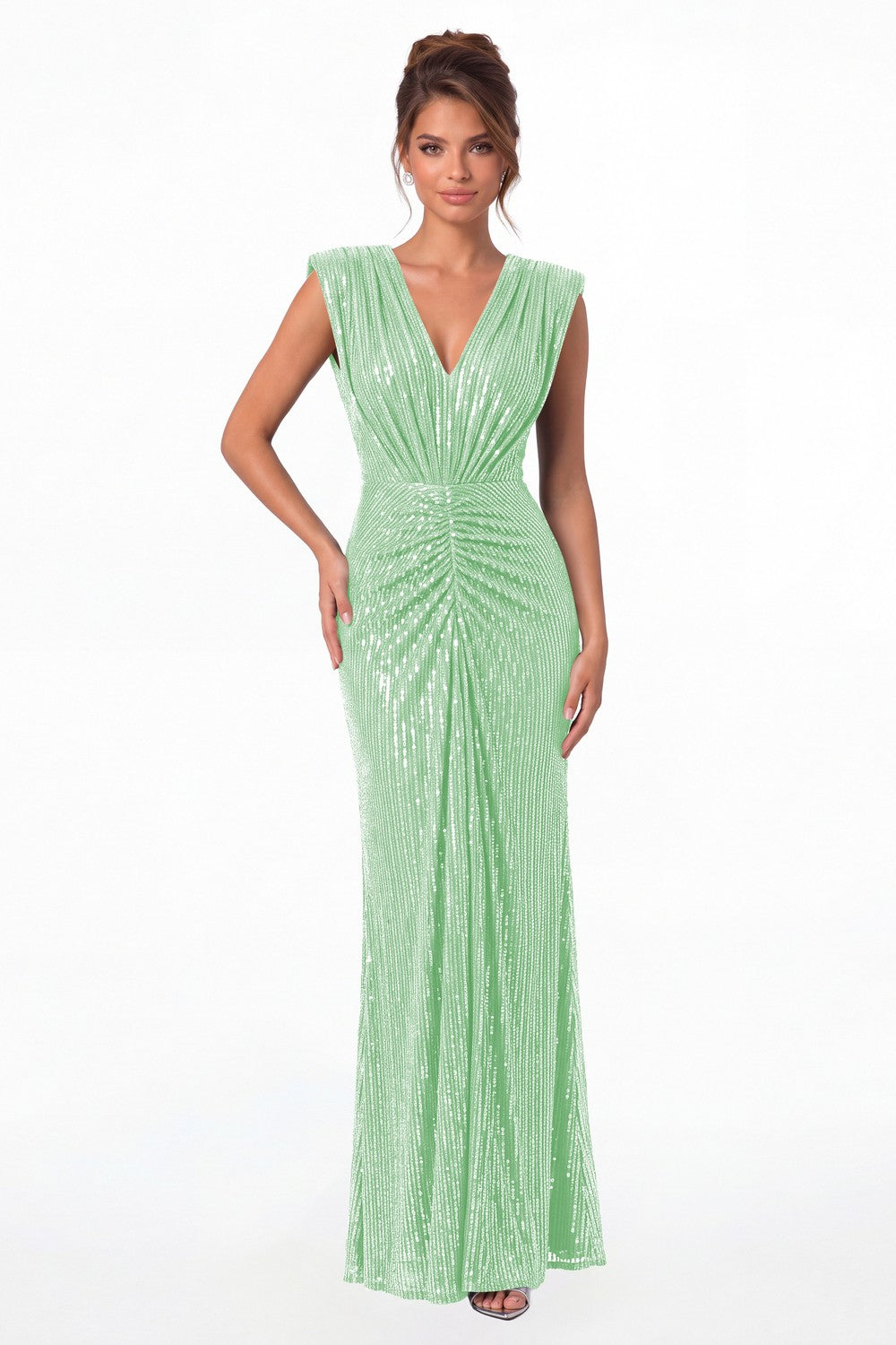 Mint Green V-Neck Ruched Sequin Mermaid Maxi Gown - Front View