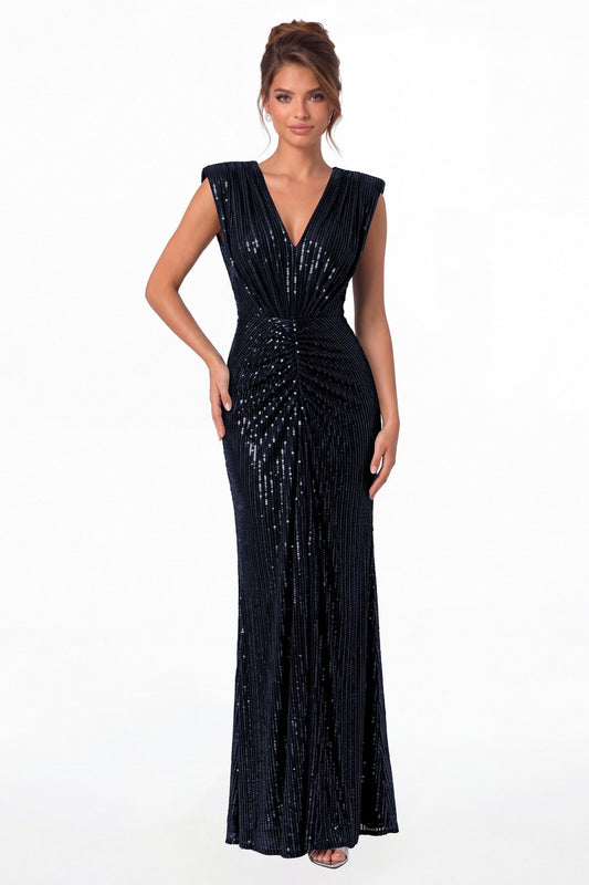 Navy Blue V-Neck Ruched Sequin Mermaid Maxi Gown - Front View