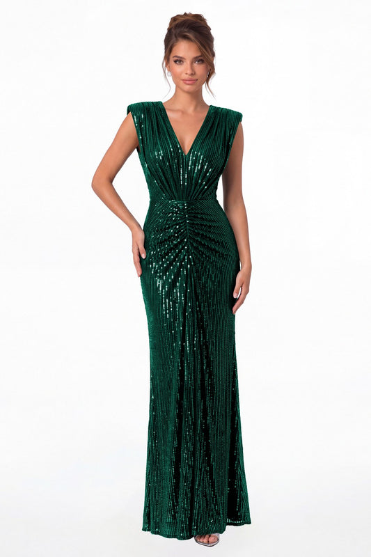 Peacock V-Neck Ruched Sequin Mermaid Maxi Gown - Front View