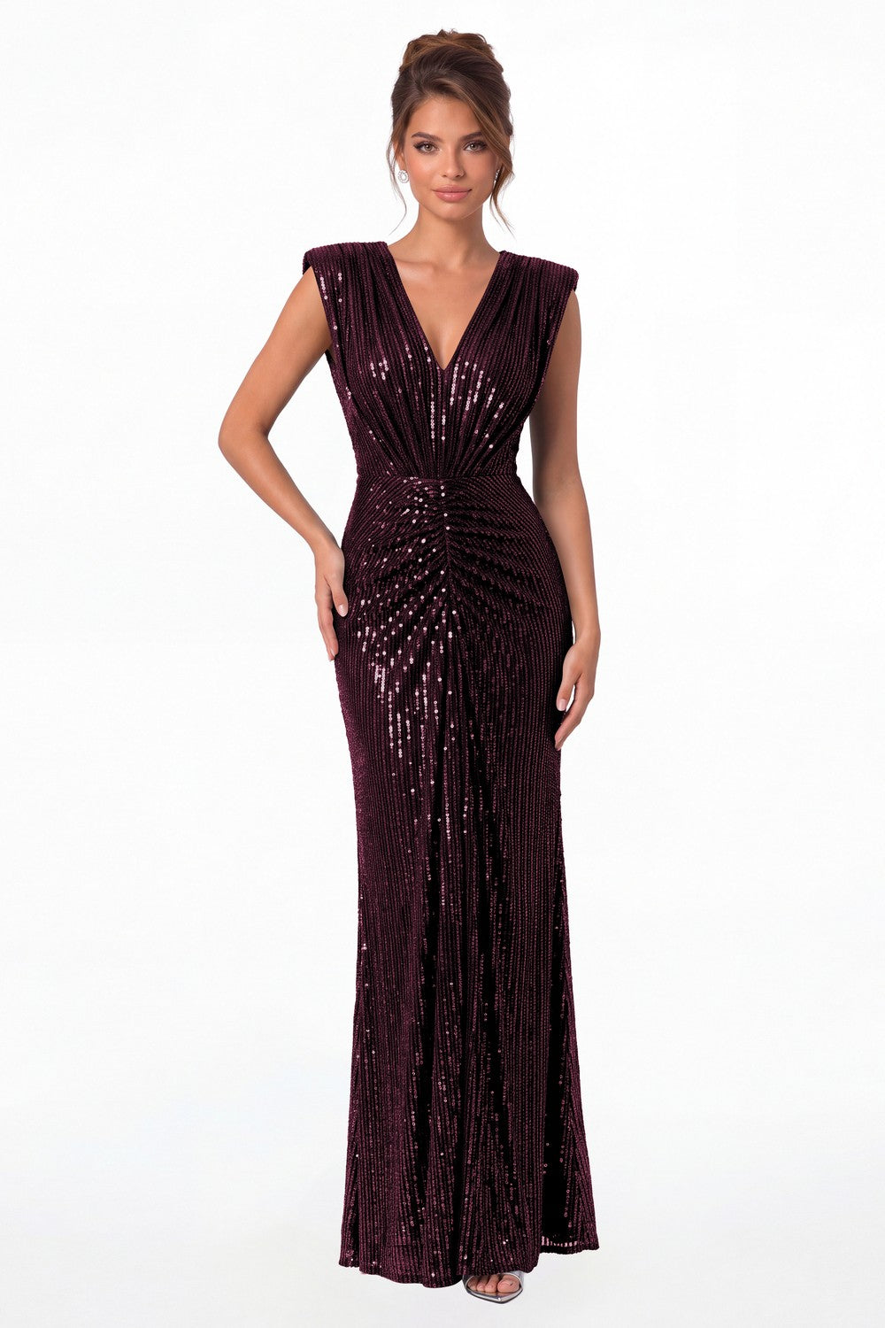 Plum V-Neck Ruched Sequin Mermaid Maxi Gown - Front View