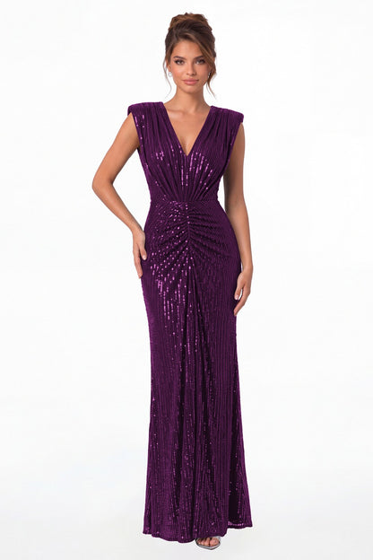 Purple V-Neck Ruched Sequin Mermaid Maxi Gown - Front View