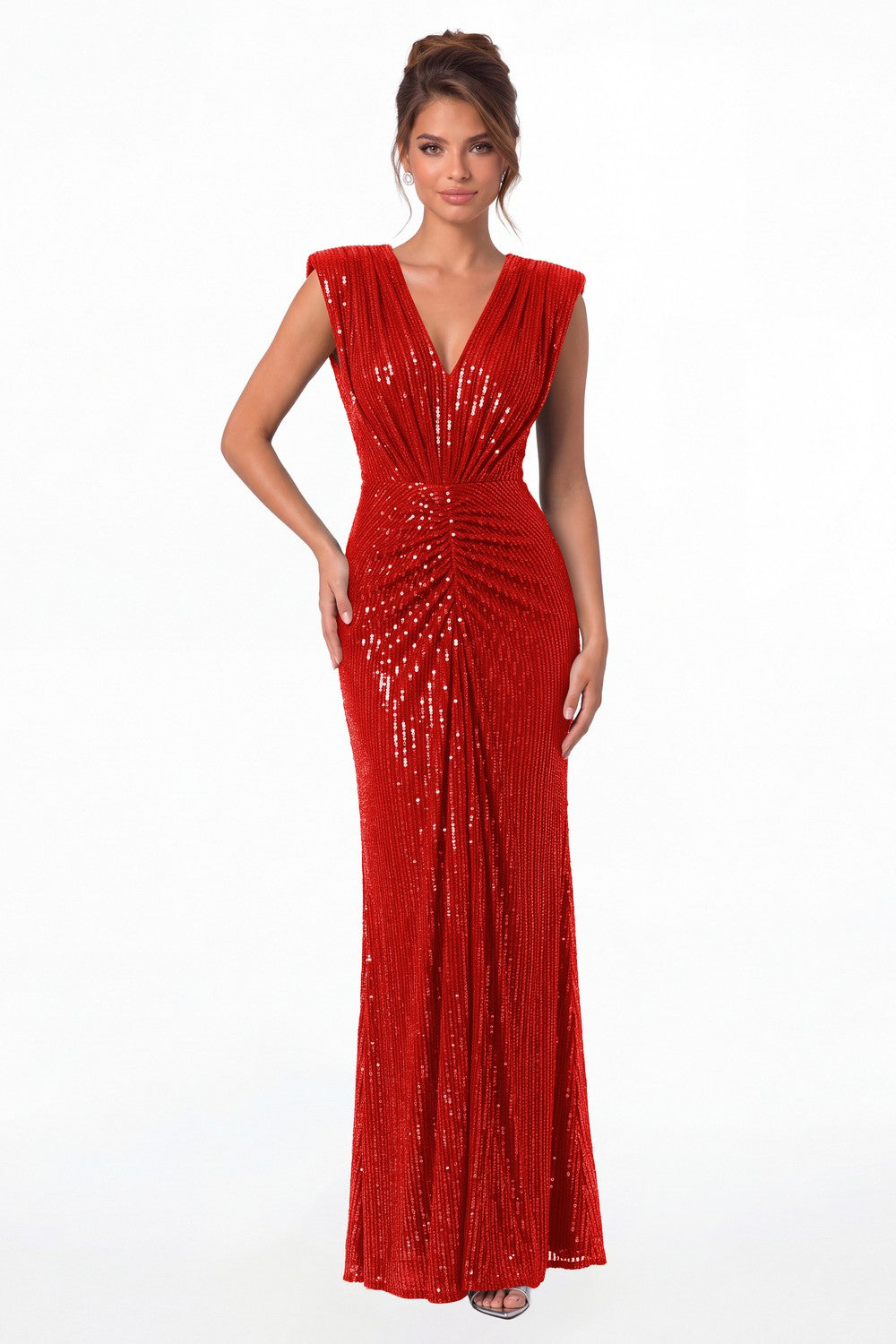 Red V-Neck Ruched Sequin Mermaid Maxi Gown - Front View
