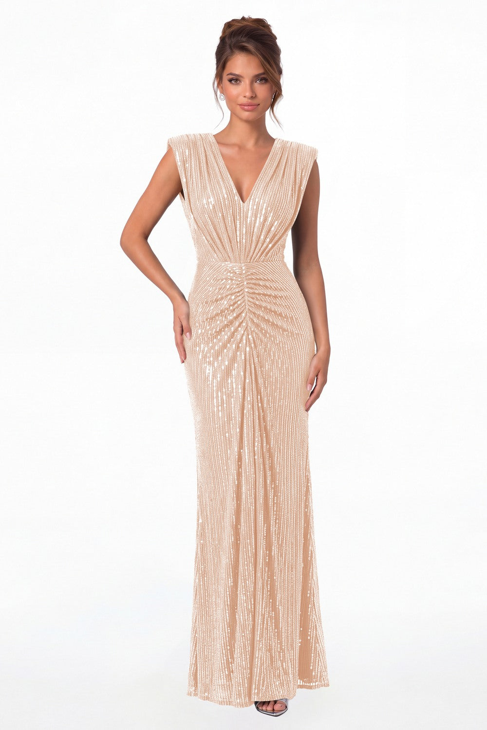 Rose Gold V-Neck Ruched Sequin Mermaid Maxi Gown - Front View