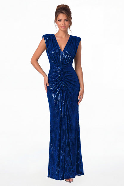 Royal Blue V-Neck Ruched Sequin Mermaid Maxi Gown - Front View