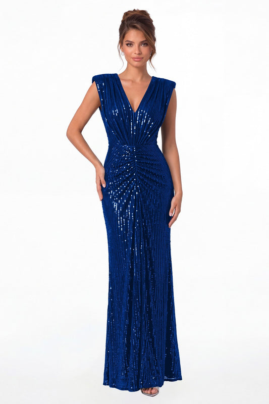 Royal Blue V-Neck Ruched Sequin Mermaid Maxi Gown - Front View