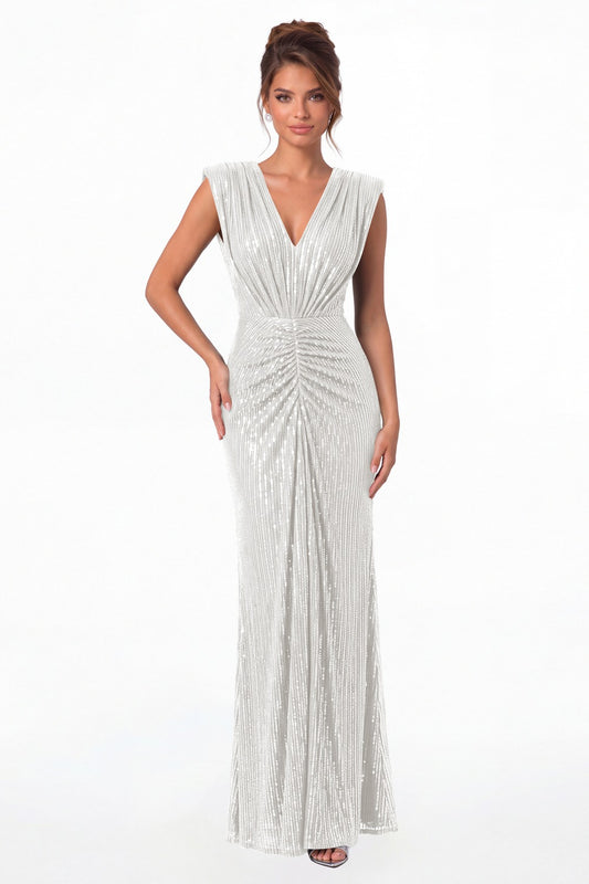 Silver V-Neck Ruched Sequin Mermaid Maxi Gown - Front View