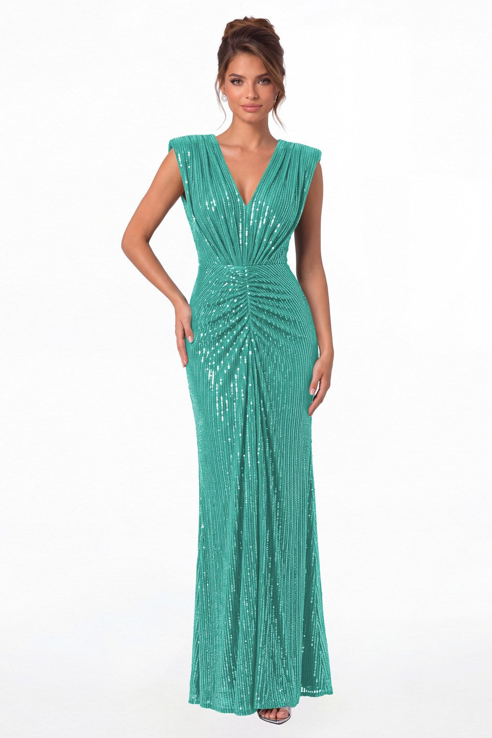 Turquoise V-Neck Ruched Sequin Mermaid Maxi Gown - Front View