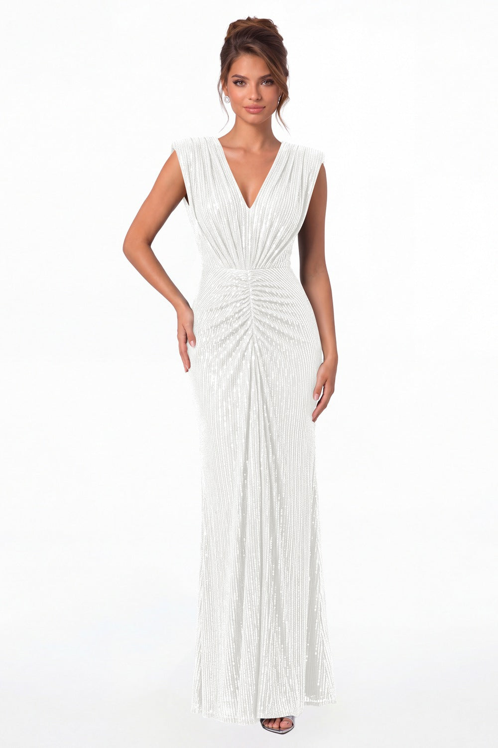 White V-Neck Ruched Sequin Mermaid Maxi Gown - Front View