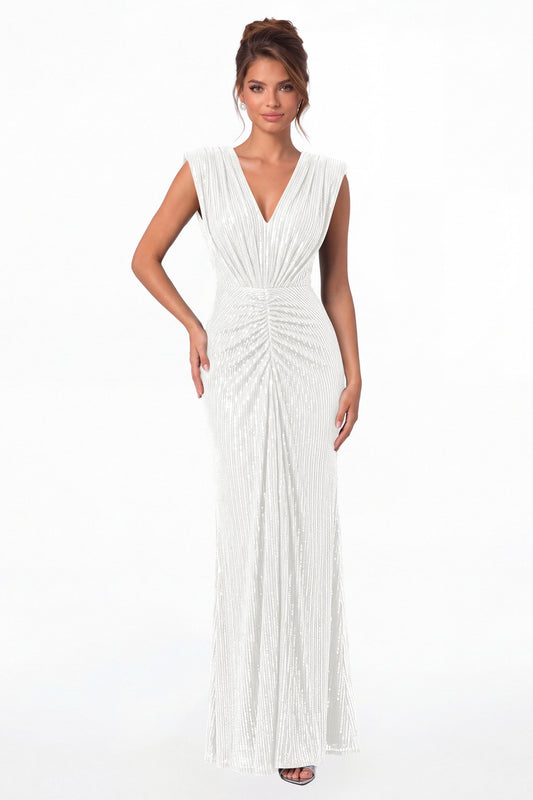 White V-Neck Ruched Sequin Mermaid Maxi Gown - Front View