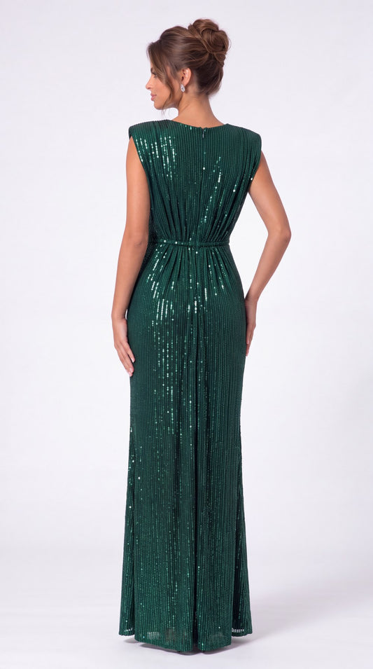 V-Neck Ruched Sequin Mermaid Maxi Gown - Back View