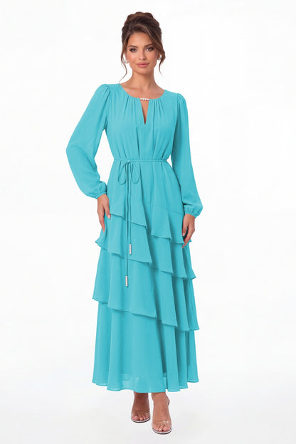 Aqua Blue V-Neck Long Sleeve Tiered Ruffle Chiffon Maxi Gown - Front View