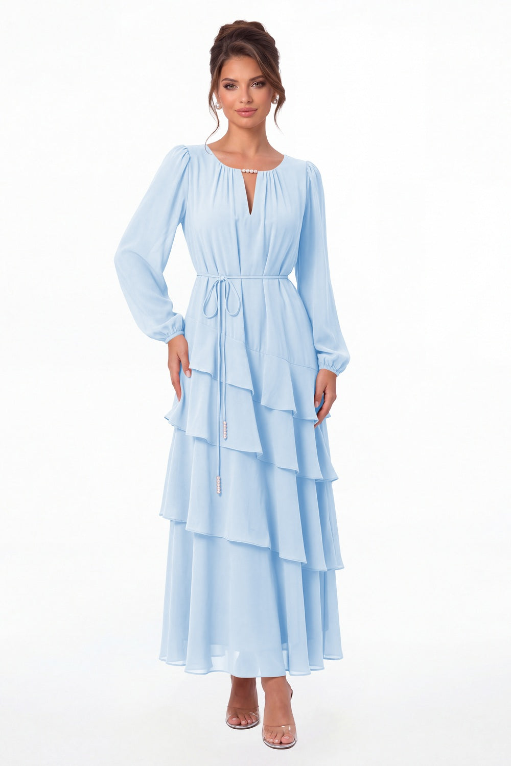 Baby Blue V-Neck Long Sleeve Tiered Ruffle Chiffon Maxi Gown - Front View