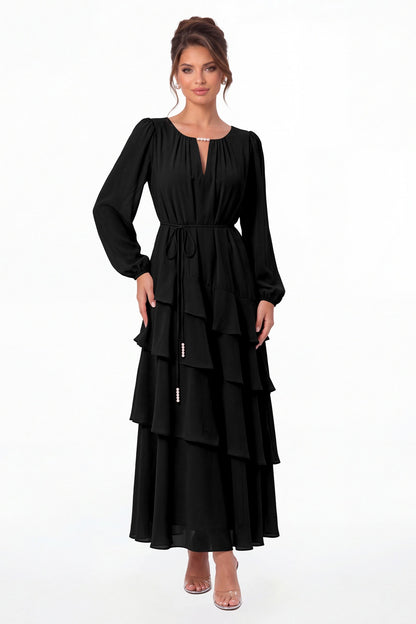 Black V-Neck Long Sleeve Tiered Ruffle Chiffon Maxi Gown - Front View