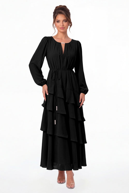 Black V-Neck Long Sleeve Tiered Ruffle Chiffon Maxi Gown - Front View