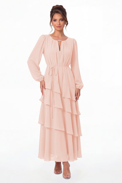 Blush Pink V-Neck Long Sleeve Tiered Ruffle Chiffon Maxi Gown - Front View