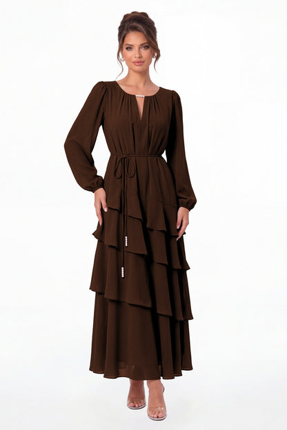 Brown V-Neck Long Sleeve Tiered Ruffle Chiffon Maxi Gown - Front View