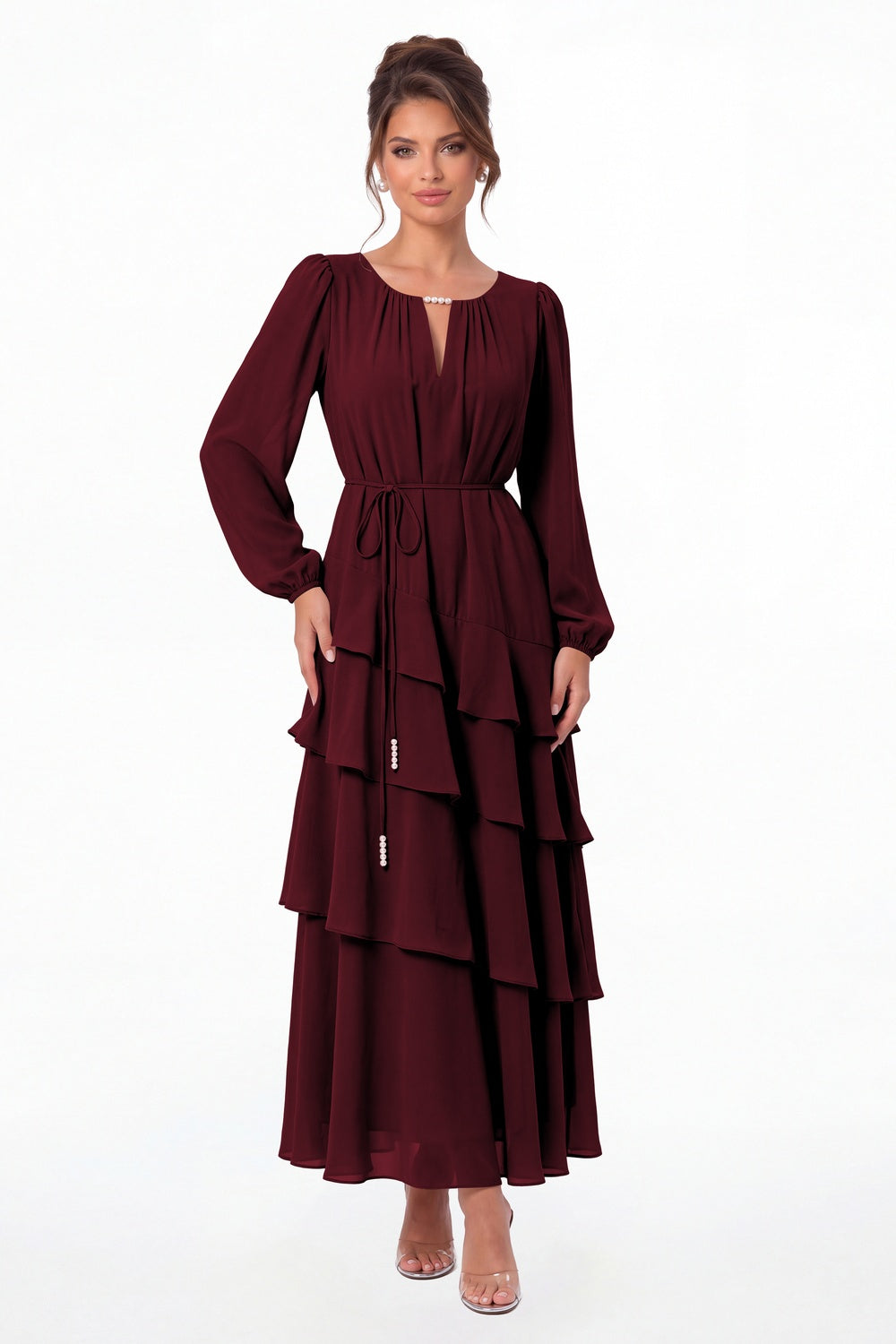 Burgundy V-Neck Long Sleeve Tiered Ruffle Chiffon Maxi Gown - Front View