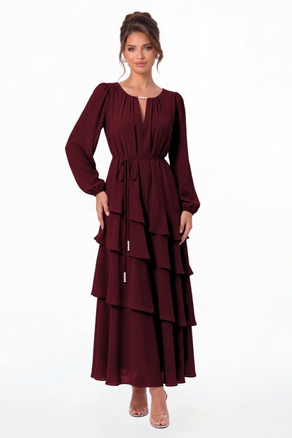 Burgundy V-Neck Long Sleeve Tiered Ruffle Chiffon Maxi Gown - Front View