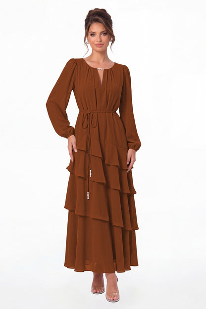 Burnt Orange V-Neck Long Sleeve Tiered Ruffle Chiffon Maxi Gown - Front View