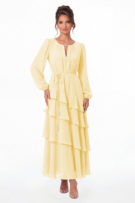 Butter Yellow V-Neck Long Sleeve Tiered Ruffle Chiffon Maxi Gown - Front View