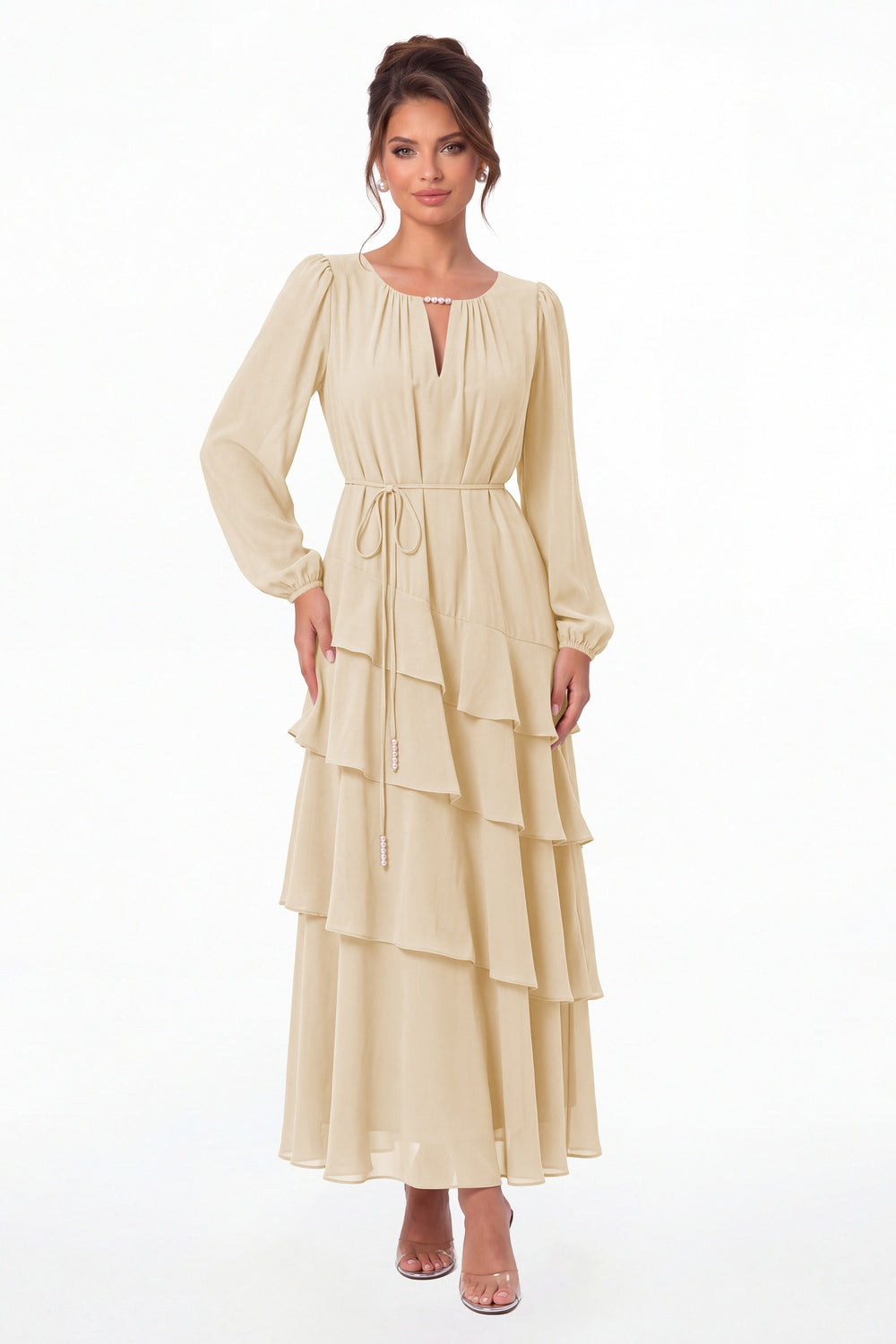Champagne V-Neck Long Sleeve Tiered Ruffle Chiffon Maxi Gown - Front View
