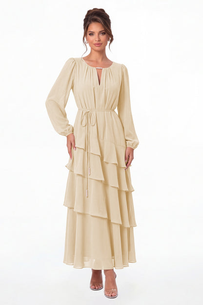 Champagne V-Neck Long Sleeve Tiered Ruffle Chiffon Maxi Gown - Front View