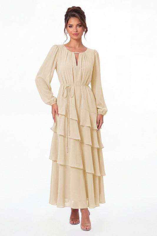 Champagne V-Neck Long Sleeve Tiered Ruffle Chiffon Maxi Gown - Front View