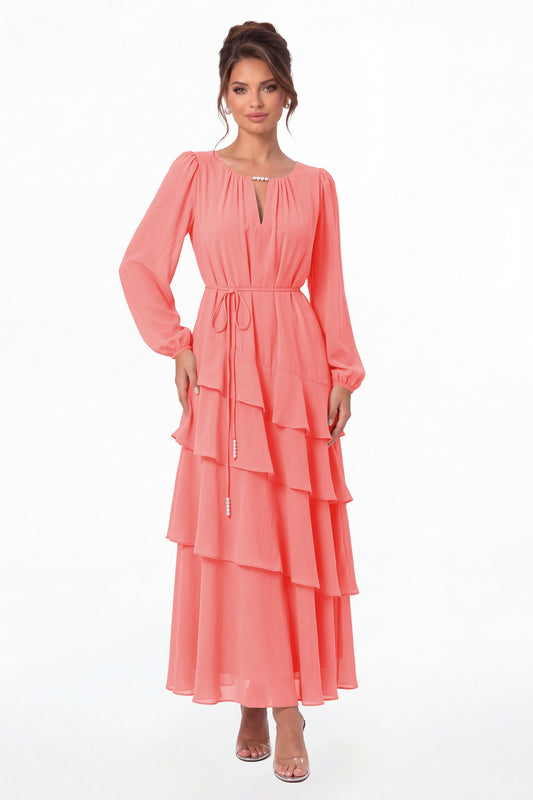 Coral V-Neck Long Sleeve Tiered Ruffle Chiffon Maxi Gown - Front View