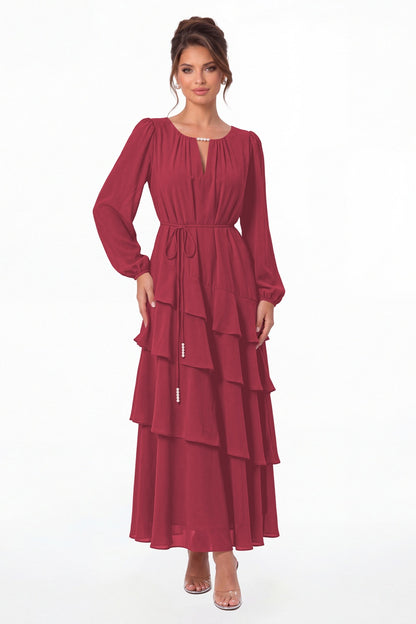 Desert Rose V-Neck Long Sleeve Tiered Ruffle Chiffon Maxi Gown - Front View