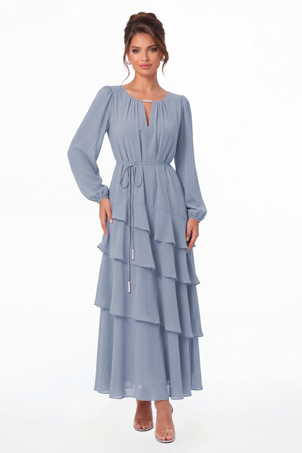 Dusty Blue V-Neck Long Sleeve Tiered Ruffle Chiffon Maxi Gown - Front View