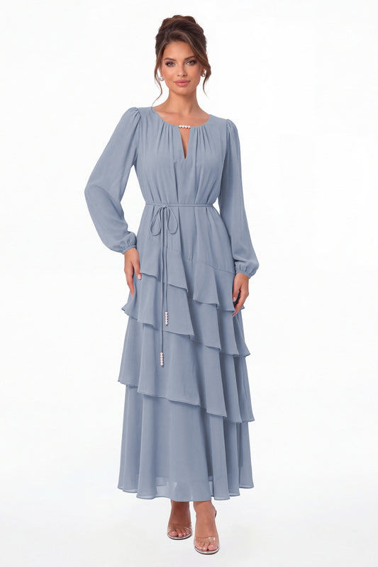 Dusty Blue V-Neck Long Sleeve Tiered Ruffle Chiffon Maxi Gown - Front View