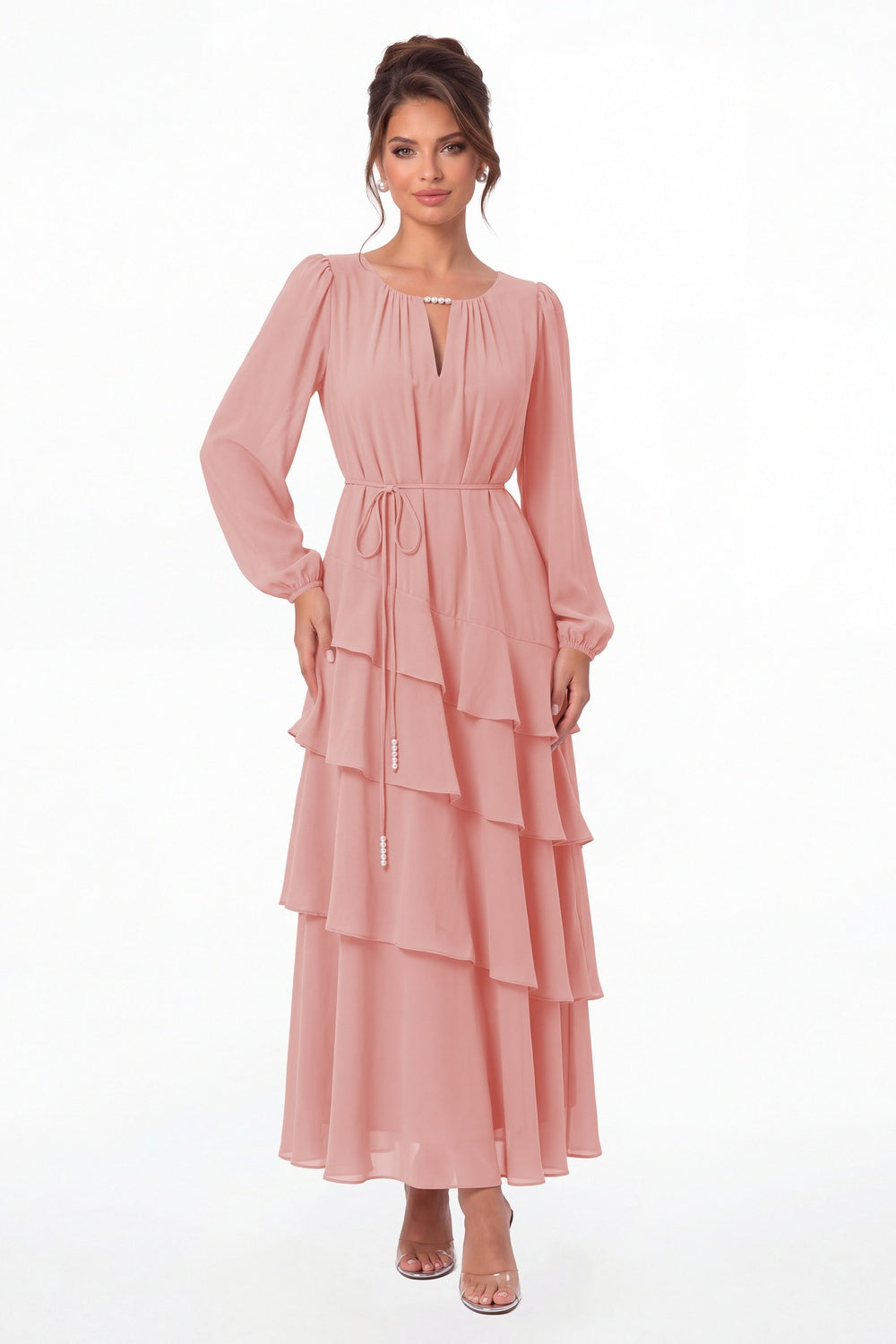 Dusty Rose V-Neck Long Sleeve Tiered Ruffle Chiffon Maxi Gown - Front View