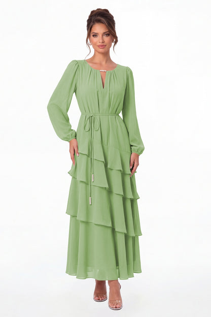Dusty Sage V-Neck Long Sleeve Tiered Ruffle Chiffon Maxi Gown - Front View