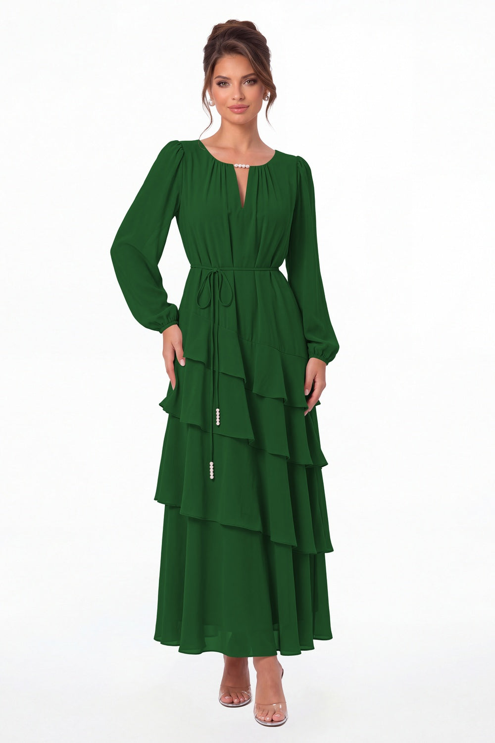 Emerald Green V-Neck Long Sleeve Tiered Ruffle Chiffon Maxi Gown - Front View