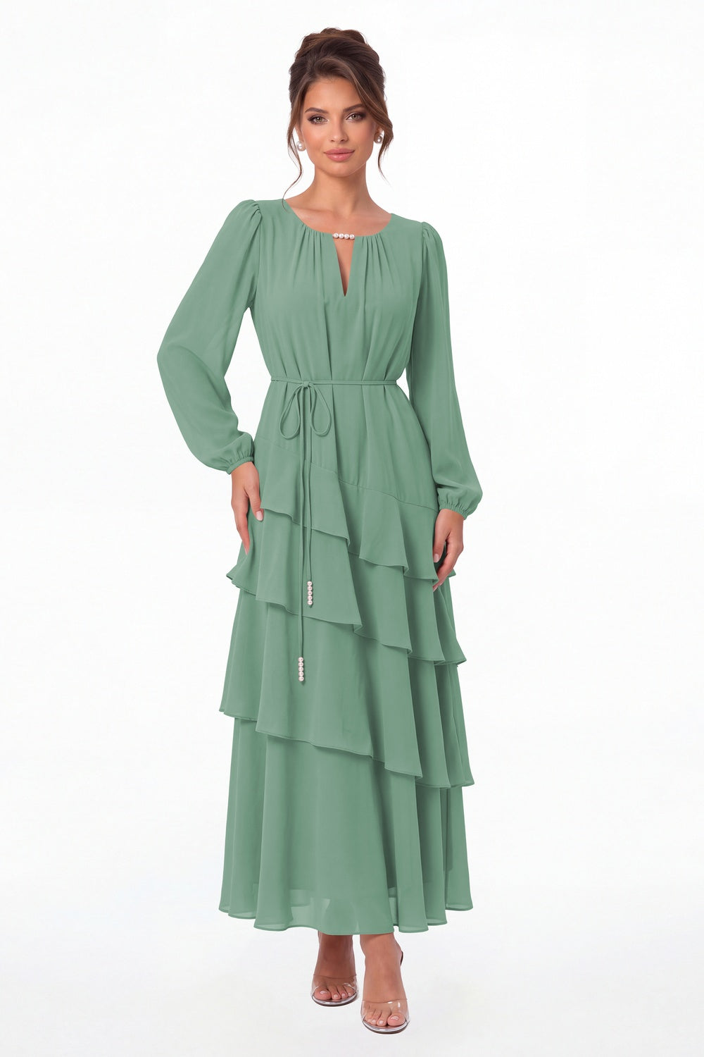 Eucalyptus V-Neck Long Sleeve Tiered Ruffle Chiffon Maxi Gown - Front View