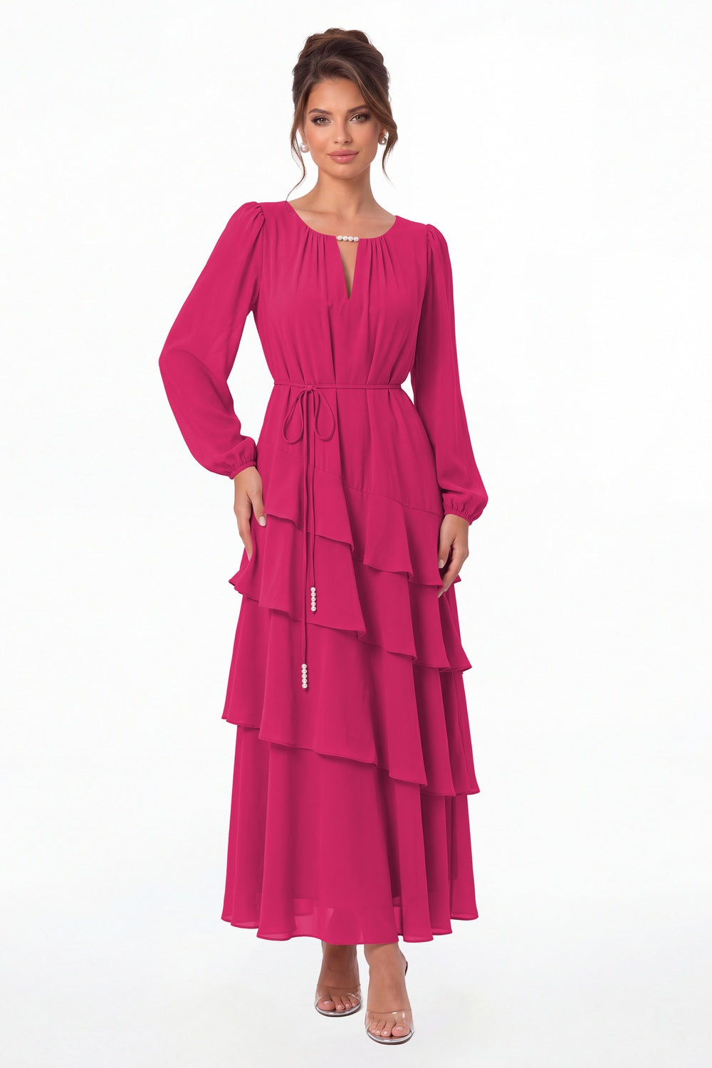 Fuchsia V-Neck Long Sleeve Tiered Ruffle Chiffon Maxi Gown - Front View