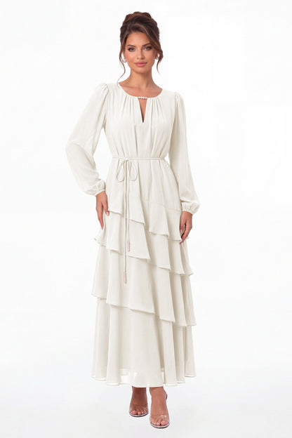 Ivory V-Neck Long Sleeve Tiered Ruffle Chiffon Maxi Gown - Front View