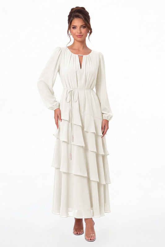 Ivory V-Neck Long Sleeve Tiered Ruffle Chiffon Maxi Gown - Front View
