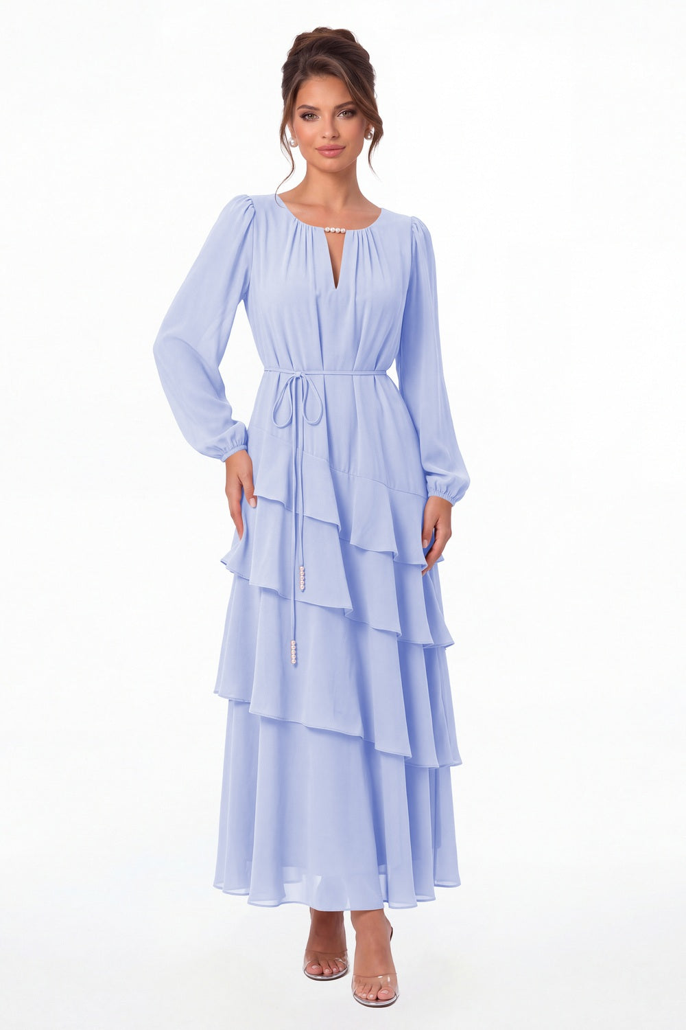 Lavender V-Neck Long Sleeve Tiered Ruffle Chiffon Maxi Gown - Front View