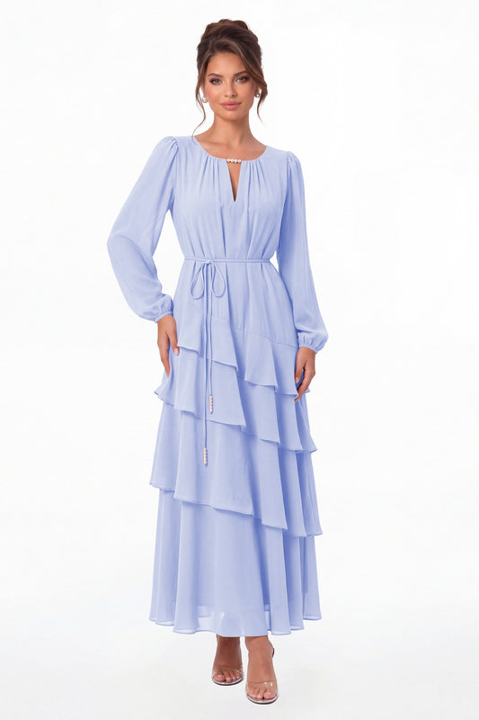 Lavender V-Neck Long Sleeve Tiered Ruffle Chiffon Maxi Gown - Front View